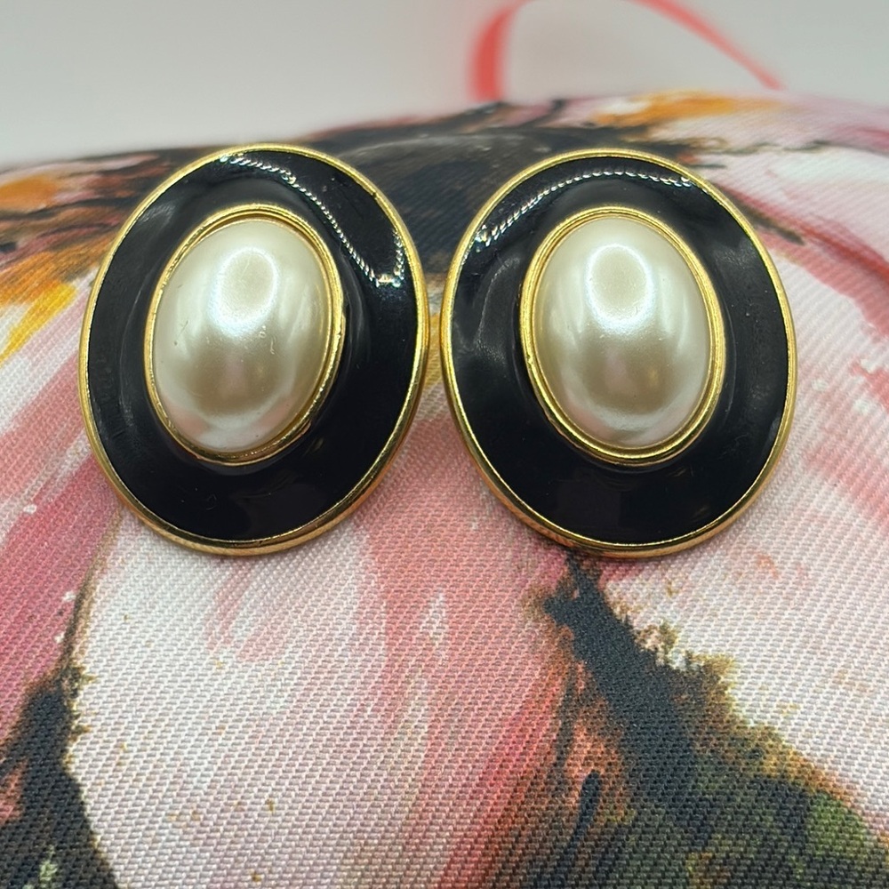 Monet Elegant Black and Gold Earrings with Pearl Post Back Classic